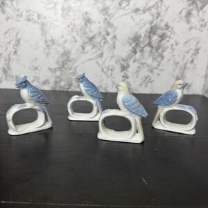 Set of 4 Porcelain Bird Napkin Rings Blue & White Tableware Cottagecore Decor